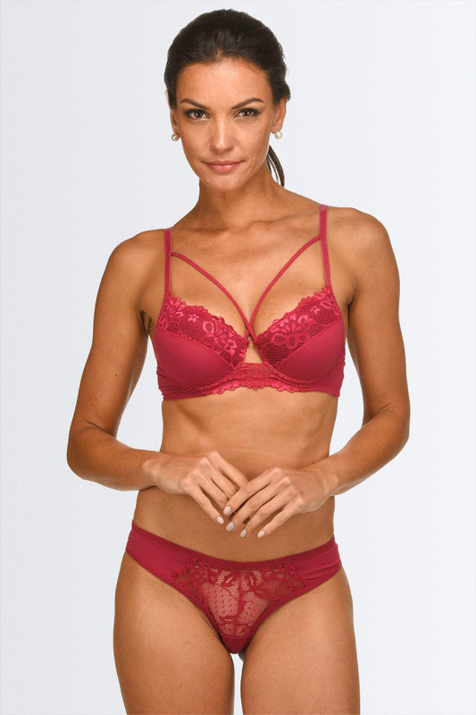 Conjunto Strappy Bra Frontal com Recorte de Renda e Calcinha Fio - Nuance